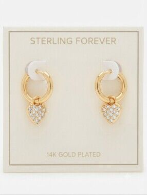 NWT Sterling Forever 14K Gold Plated Heart Huggie Hoop Earrings Clear CZ New